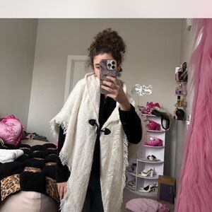 Cozy White Fringe Poncho with Black Toggle